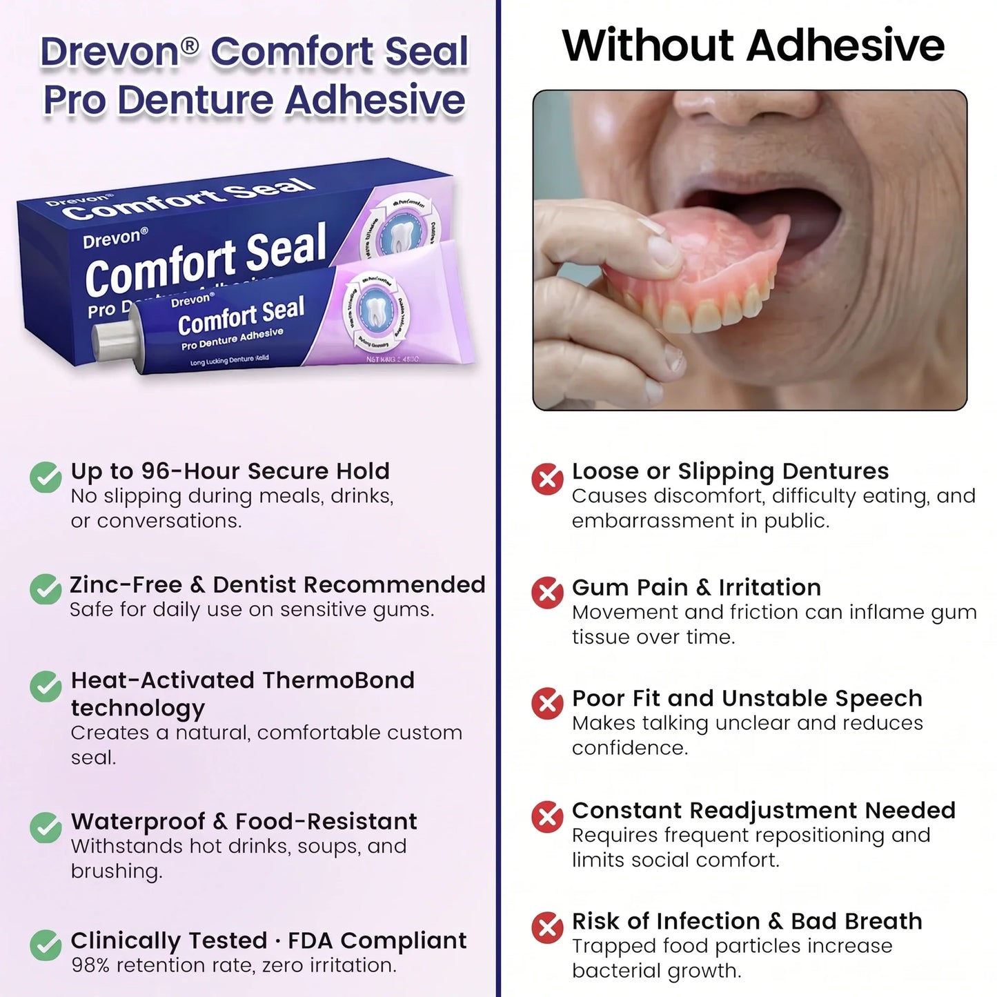 🔥 LIMITED SPECIAL OFFER 🔥Drevon® DeComfort Seal Pro Denture Adhesive🦷💜FDA Certified (Clinically Proven 96-   Hour Lock Hold for   Secure, Comfortable &   Zinc-Free Denture Fit)
